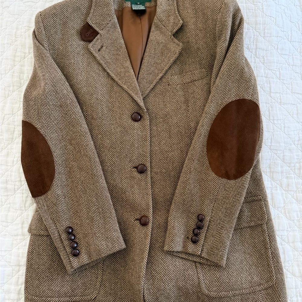 Ralph Lauren Brown Herringbone Wool Blazer with Suede Elbow Patches